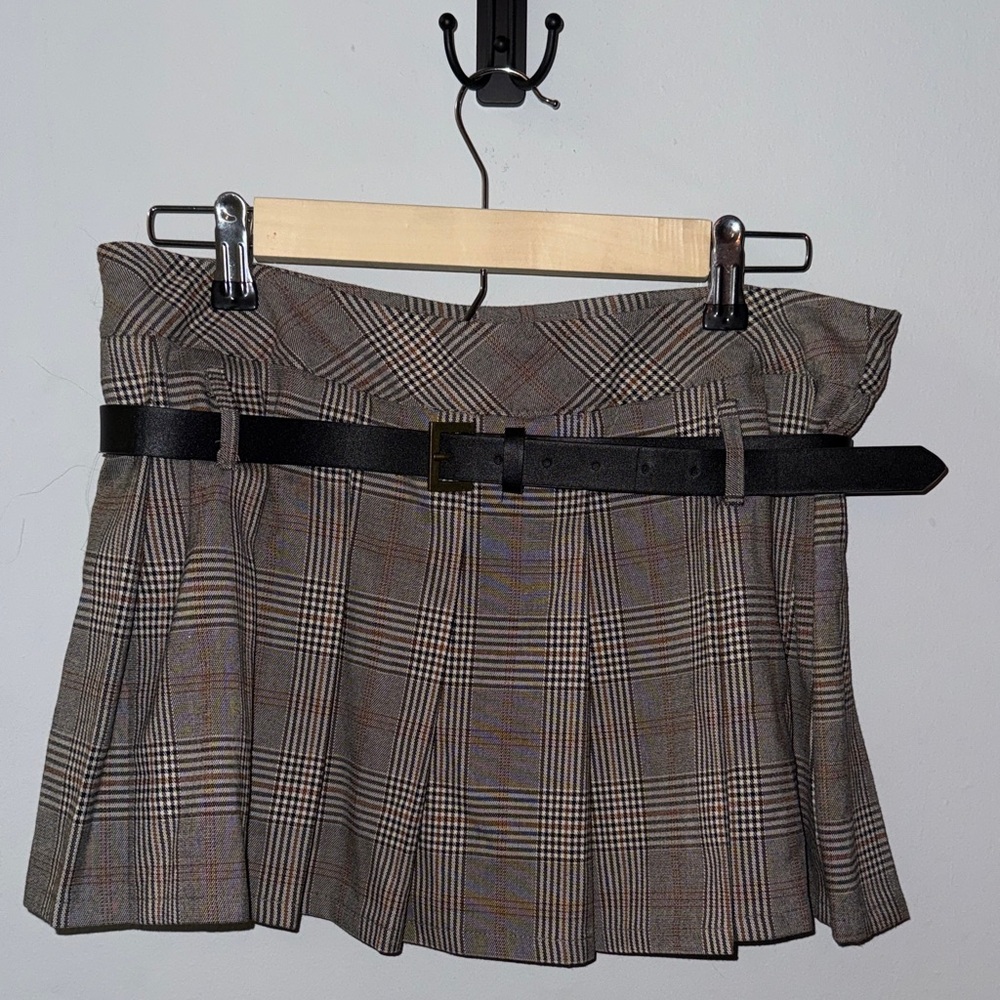 Sincerely Jules Brown Plaid Mini Skirt with Black Belt